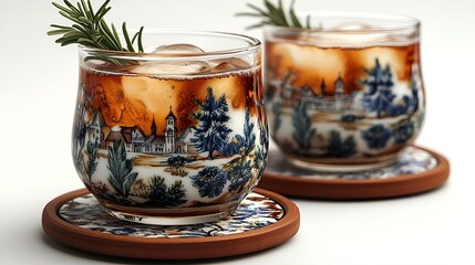 two glasses with ice and a sprig of rosemary.