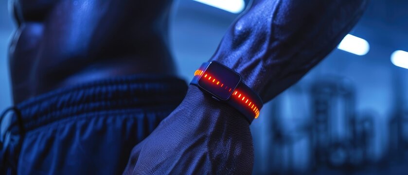 Close up of a muscular arm wearing a digital fitness tracker in a gym. The device is illuminated, showcasing workout and exercise technology.