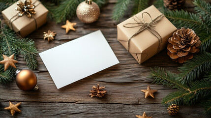 Fototapeta premium white blank card on wooden background with christmas decorations