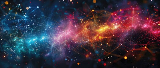 Obraz premium Colorful abstract cosmic background with interconnected particles and light, representing a complex network of galaxies and stars.