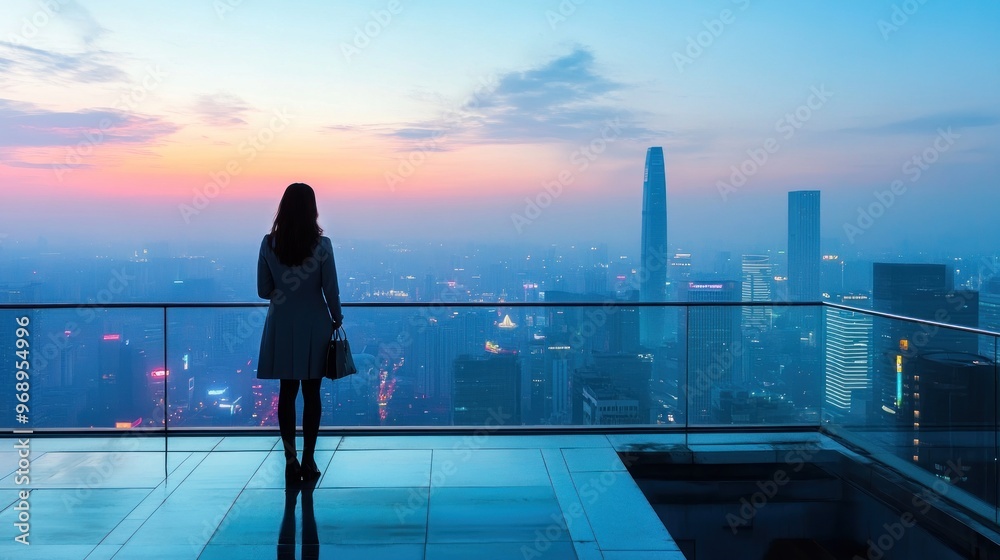 Wall mural Woman Standing on Rooftop Balcony Overlooking City at Dusk