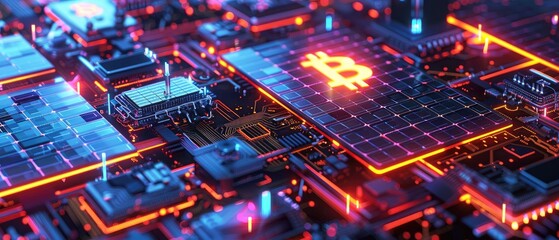 Obraz premium Digital representation of cryptocurrency bitcoin technology on a glowing circuit board in a futuristic setting.