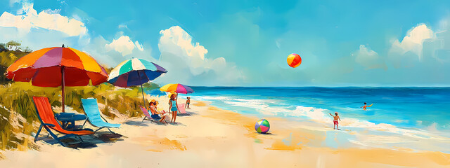 Family Beach Day with Bright Umbrellas