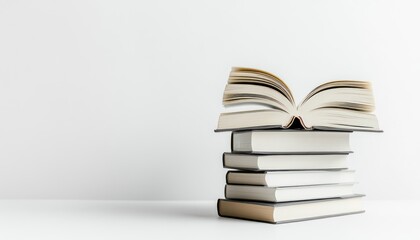 Fototapeta premium Stack of Books with One Open on Top Against a White Background