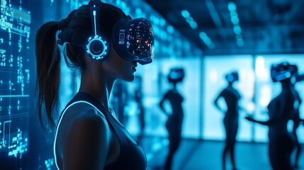 Obraz premium AI-enhanced virtual fitness experience: People training in virtual environments designed by AI.