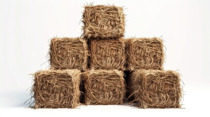 A stack of hay bales with detailed texture on a solid white background.
