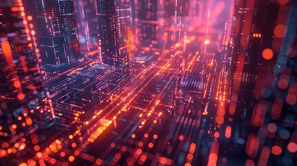 Obraz premium Futuristic cityscape with glowing neon lights and holographic display, representing advanced technology and cyberpunk aesthetic.