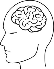 Abstract Head with Brain Line Art Drawing. Creative Contemporary Abstract Line Drawing of Brain Head. Mind Linear Concept. Vector Anatomy Male Portrait for Minimalist Design