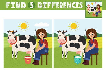 Find differences activity page for kids with cute girl and cow. Farm game for developing attention and concentration skills for school and preschool. Vector illustration