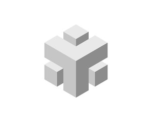 Cube logo, geometric vector design. Box logotype company, trendy tech emblem in pixel style.