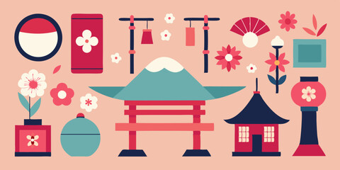 Traditional japanese decorations and icons for cultural and festive design