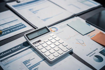 An empty office desk at night with a laptop displaying a business chart, balance sheet, loan calculator, graphs, and monthly budget stats. Blue and black tones, leather office chair.