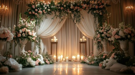 Beautifully decorated wedding altar with fresh flowers, candles, and flowing fabric, creating a romantic ambiance