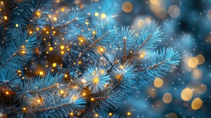 Fototapeta premium Blue pine needles with delicate sparkling lights and glowing stars form a festive holiday backdrop, evoking warmth and enchantment.