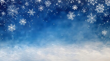 Naklejka premium Delicate white snowflakes gently fall against a soft, blurred blue background, creating a serene winter scene. The snow-covered landscape adds a peaceful, seasonal ambiance.