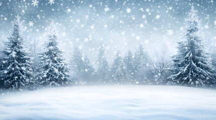 Fototapeta premium Delicate white snowflakes gently fall against a soft, blurred blue background, creating a serene winter scene. The snow-covered landscape adds a peaceful, seasonal ambiance.