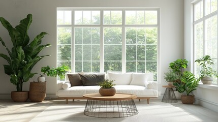 Bright living room with a stylish sofa, indoor plants, and natural light streaming through large windows, creating a cozy minimalist atmosphere.