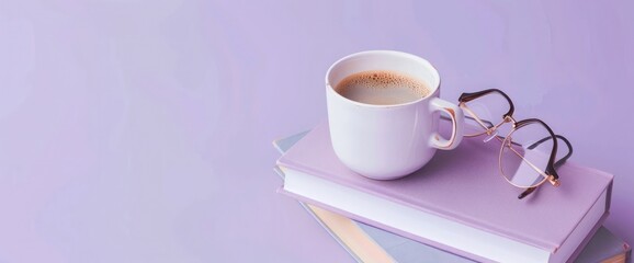 Minimal white coffee cup, sleek book, and glasses on a lavender background. Clean design with right-side text space.