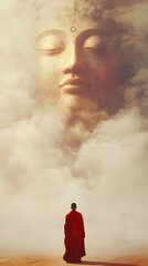 A serene scene where a monk in a vivid red robe stands with their back to the viewer, gazing up at a colossal, ethereal Buddha face that seems to form out of mist and smoke
