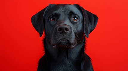 A black dog with a black nose and blue eyes is staring at the camera. The dog is standing on a red background