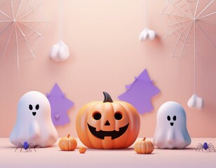 Obraz premium Spooky Night Halloween Background with Monster, Ghost, and Pumpkin,Haunted Forest Backdrop with Ghost, Spider Web, and Pumpkin