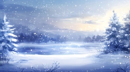 Delicate white snowflakes gently fall against a soft, blurred blue background, creating a serene winter scene. The snow-covered landscape adds a peaceful, seasonal ambiance.