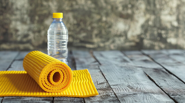 Rolled yellow yoga mat with a plastic water bottle on a rustic wooden floor, representing a fitness and wellness theme with a natural, relaxed environment
