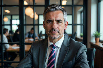 Fototapeta premium In an office, there is a man dressed in a suit and tie sitting at his desk