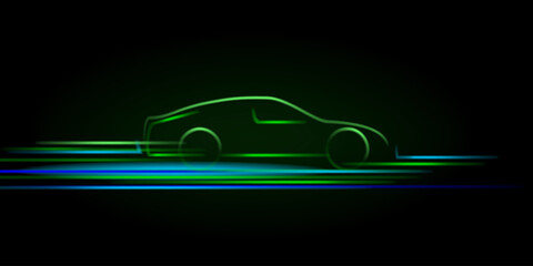 Green neon glowing in the dark electric car on high speed running concept fast EV, electric vehicle silhouette vector illustration