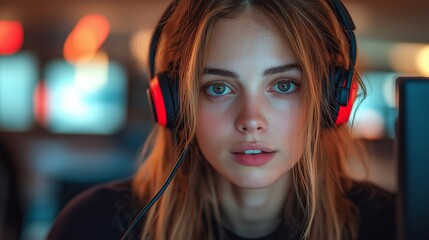 A woman wearing headphones and looking at a computer screen. Concept of focus and concentration as the woman is likely engaged in a task that requires her full attention