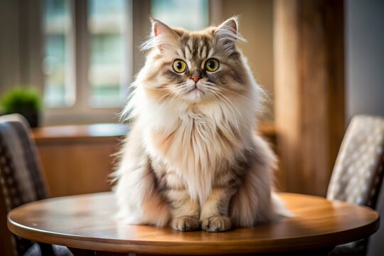 A majestic Persian cat with enormous eyes and a luxurious tail is perched on a table, engaged with the viewer.