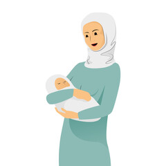 Muslim mother in blue hijab holding newborn baby