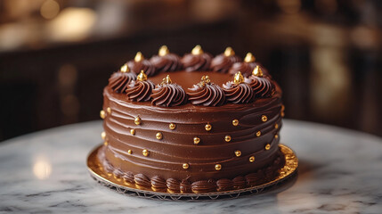 A decadent chocolate cake adorned with swirls and gold accents, perfect for celebrations and sweet indulgences.