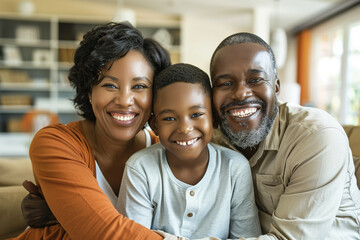 Obraz premium A heartwarming family portrait featuring a mother, father, and young son, smiling together in a cozy living room setting, filled with joy and affection