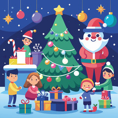 Obraz premium Festive Christmas Celebration with Gifts, Tree, and Snowman – Family Holiday, Vector illustration