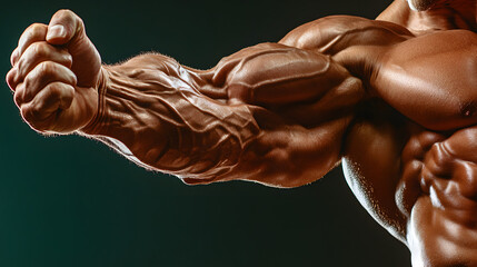 A bodybuilder executing a bicep curl with veins popping from the exertion.
