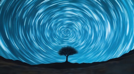 Fototapeta premium A tree is standing in the middle of a field with stars swirling around it, AI