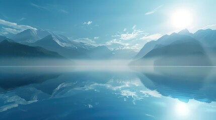 A serene landscape featuring mountains and a calm lake reflecting the sky.