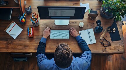 Overhead View of a Man Working at a Wooden Desk with Computer, Keyboard, and Supplies.