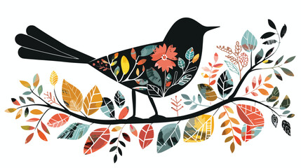 Abstract Boho Bird Silhouette Illustration with Botanical Leaves