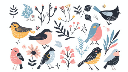 Abstract Boho Birds and Botanical Elements Illustration