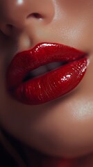 Obraz premium Close-up of glossy red lips with