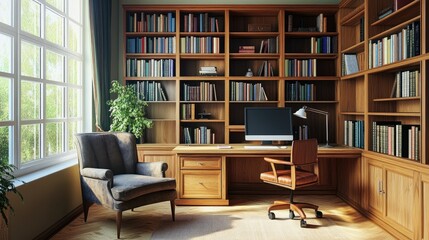 Cozy study room with a wooden desk, well-organized bookshelves, and a comfortable armchair, creating a serene work environment.