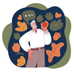 Cartoon Vector Illustration of an Energetic Elderly Man Holding an Apple and Preparing to Eat It over dark background