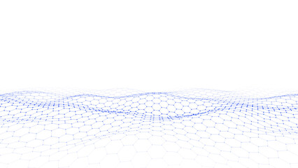 Futuristic vector hexagon wave. Dark cyberspace. Abstract wave with dots and line. Blue moving particles on a white background.