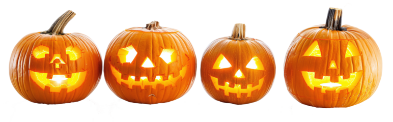 Set of Halloween Jack-o-lantern pumpkins on transparent background PNG