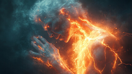 A surreal depiction of a figure illuminated by ethereal flames, symbolizing transformation and the power of inner energy.