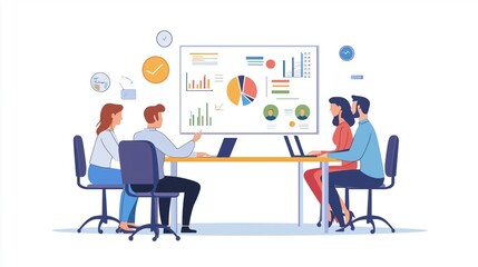Fototapeta premium Staff meeting at long desk on presentation in office room. Manager stands near financial diagram. Team work on conference. Business training, discussion and brainstorming seminar.