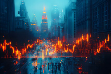 Obraz premium Urban Financial Market Concept with Stock Trading Graphs and Skyscraper Silhouettes