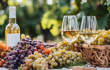 An elegant display of wine glasses with red, white, and rosé wines alongside fresh grapes in a vineyard setting.